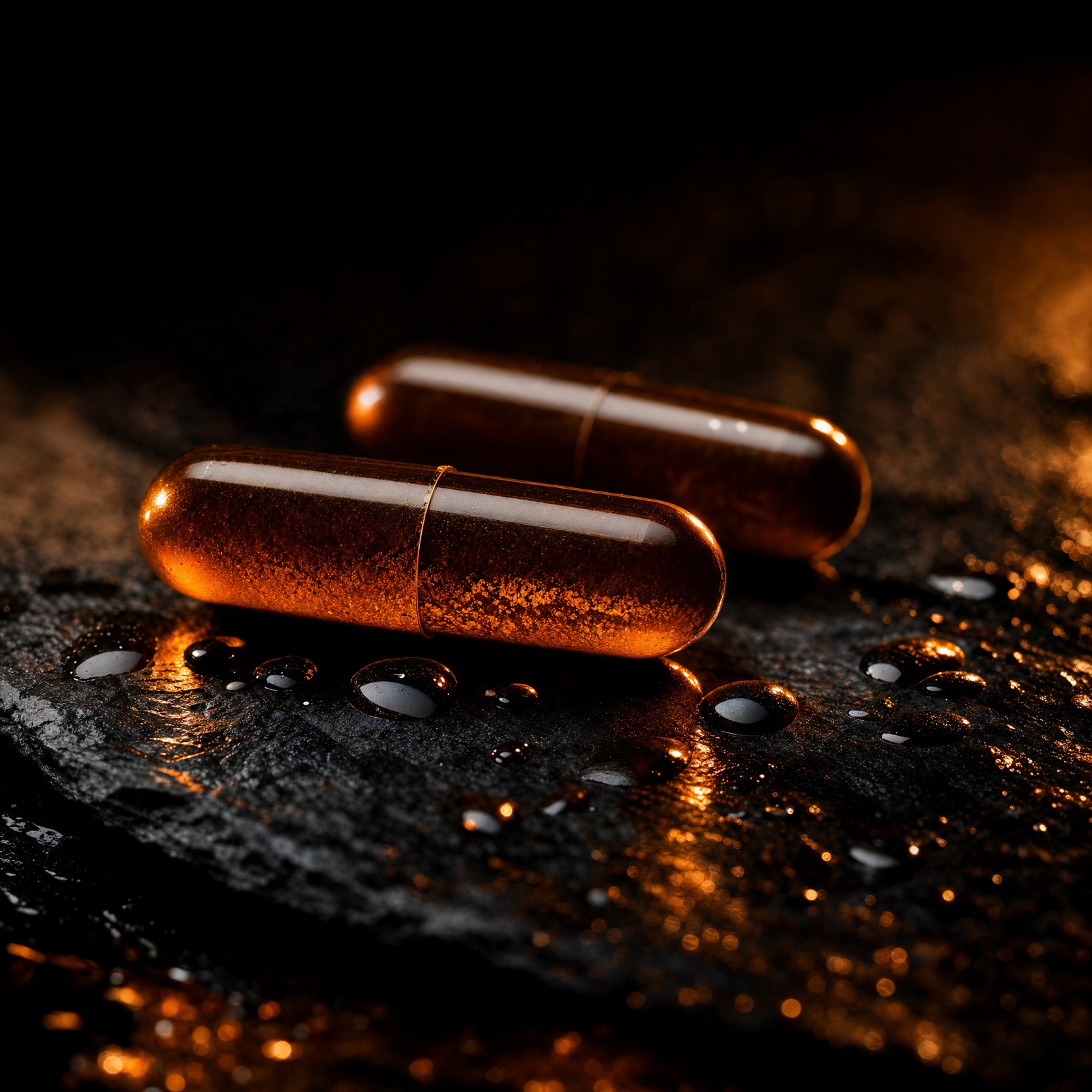 Macro of two MOJO BACK capsules on wet slate, botanical granulation visible inside